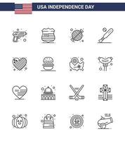 Pack of 16 creative USA Independence Day related Lines of usa bat food baseball party Editable USA Day Vector Design Elements