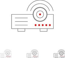 servicio de máquina de proyector de presentación conjunto de iconos de línea negra en negrita y delgada vector