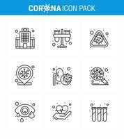 Coronavirus Precaution Tips icon for healthcare guidelines presentation 9 Line icon pack such as infection place coronavirus tubes location epidemic viral coronavirus 2019nov disease Vector Desi