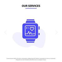 nuestros servicios reloj de mano reloj amor corazón icono de glifo sólido plantilla de tarjeta web vector