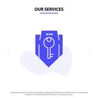 nuestros servicios clave de acceso protección seguridad escudo icono de glifo sólido plantilla de tarjeta web vector