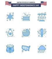 Set of 9 Modern Blues pack on USA Independence Day country bag independence money scale Editable USA Day Vector Design Elements