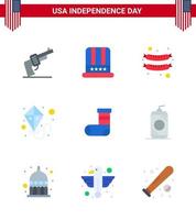 4th July USA Happy Independence Day Icon Symbols Group of 9 Modern Flats of gift christmas food celebration summer Editable USA Day Vector Design Elements