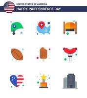 Happy Independence Day 4th July Set of 9 Flats American Pictograph of american ball rugby location pin ball day Editable USA Day Vector Design Elements