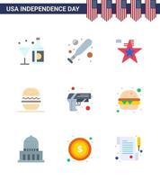 9 USA Flat Pack of Independence Day Signs and Symbols of security usa star american burger Editable USA Day Vector Design Elements