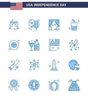 USA Independence Day Blue Set of 16 USA Pictograms of star badge leisure cola drink Editable USA Day Vector Design Elements