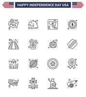 16 iconos creativos de estados unidos signos de independencia modernos y símbolos del 4 de julio del mapa de construcción de estados unidos elementos de diseño de vector de día de estados unidos editables en dólares estadounidenses
