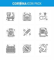 Covid19 icon set for infographic 9 Line pack such as thermometer fever hand bottle capsule viral coronavirus 2019nov disease Vector Design Elements