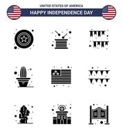 Pack of 9 USA Independence Day Celebration Solid Glyphs Signs and 4th July Symbols such as pot flower independence cactus decoration Editable USA Day Vector Design Elements