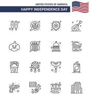 Set of 16 Vector Lines on 4th July USA Independence Day such as usa pumkin police american music Editable USA Day Vector Design Elements