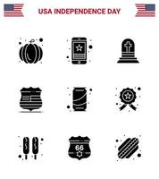 4th July USA Happy Independence Day Icon Symbols Group of 9 Modern Solid Glyphs of can security death usa shield Editable USA Day Vector Design Elements