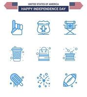 conjunto moderno de 9 azules y símbolos en el día de la independencia de EE. UU., como dinero bebida silla cola televisión editable día de EE. UU. elementos de diseño vectorial vector