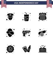 conjunto de 9 glifos sólidos vectoriales el 4 de julio, día de la independencia de estados unidos, como el ejército que investiga el sombrero de seguridad, elementos de diseño vectorial editables del día de estados unidos vector