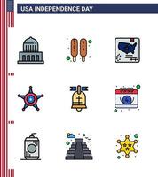 USA Independence Day Flat Filled Line Set of 9 USA Pictograms of american ball flag usa police Editable USA Day Vector Design Elements