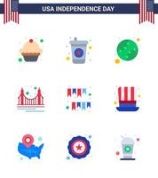 USA Happy Independence DayPictogram Set of 9 Simple Flats of buntings american day states tourism golden Editable USA Day Vector Design Elements