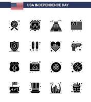 16 signos de glifo sólido de estados unidos celebración del día de la independencia símbolos de escudo edificio americano país de estados unidos elementos de diseño de vector de día de estados unidos editables