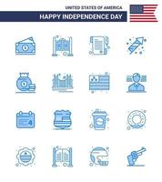 USA Independence Day Blue Set of 16 USA Pictograms of money dollar paper holiday festivity Editable USA Day Vector Design Elements