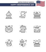 Line Pack of 9 USA Independence Day Symbols of drink bottle cola festival food Editable USA Day Vector Design Elements