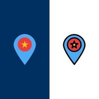 estrella ubicación mapa marcador pin iconos plano y línea llena conjunto de iconos vector fondo azul