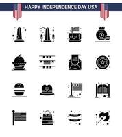 16 USA Solid Glyph Signs Independence Day Celebration Symbols of sweet dessert party cake money Editable USA Day Vector Design Elements