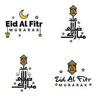 4 saludos modernos de eid fitr escritos en texto decorativo de caligrafía árabe para tarjetas de felicitación y deseando el feliz eid en esta ocasión religiosa vector