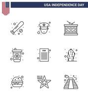 Modern Set of 9 Lines and symbols on USA Independence Day such as declaration of independence soda drum drink st Editable USA Day Vector Design Elements