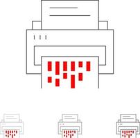 conjunto de iconos de línea negra delgada y audaz trituradora de información de archivo de documento de eliminación de datos confidenciales vector