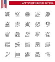 conjunto moderno de 25 líneas y símbolos en el día de la independencia de EE. UU., como protección, efectivo estadounidense, guiter, elementos de diseño vectorial editables del día de EE. UU. vector