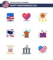 Set of 9 Vector Flats on 4th July USA Independence Day such as election world adornment map american Editable USA Day Vector Design Elements