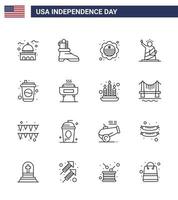 16 Line Signs for USA Independence Day bottle statue country of landmarks Editable USA Day Vector Design Elements