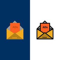 anuncio publicitario correo electrónico carta correo iconos planos y llenos de línea conjunto de iconos vector fondo azul