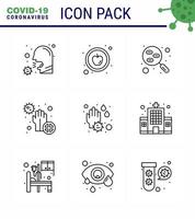 Covid19 icon set for infographic 9 Line pack such as hands dirty healthy covid sample viral coronavirus 2019nov disease Vector Design Elements