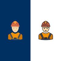 trabajador industria avatar ingeniero supervisor iconos plano y línea llena conjunto de iconos vector fondo azul