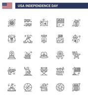Stock Vector Icon Pack of American Day 25 Line Signs and Symbols for fast flag party country usa Editable USA Day Vector Design Elements