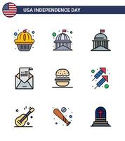 USA Happy Independence DayPictogram Set of 9 Simple Flat Filled Lines of invitation envelope white email ireland Editable USA Day Vector Design Elements