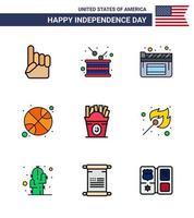 Flat Filled Line Pack of 9 USA Independence Day Symbols of fastfood day independence sports basketball Editable USA Day Vector Design Elements