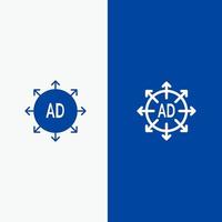 envío de publicidad envío de publicidad línea de anuncio y glifo icono sólido banner azul línea y glifo icono sólido banner azul vector