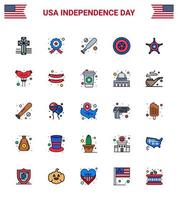 Set of 25 Vector Flat Filled Lines on 4th July USA Independence Day such as usa police bat men independence day Editable USA Day Vector Design Elements
