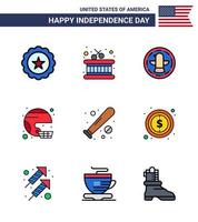 Set of 9 Modern Flat Filled Lines pack on USA Independence Day ball state bird sport football Editable USA Day Vector Design Elements