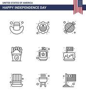 Set of 9 Vector Lines on 4th July USA Independence Day such as drink usa barbecue food frise Editable USA Day Vector Design Elements