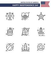 Set of 9 Vector Lines on 4th July USA Independence Day such as invitation hip men flask alcoholic Editable USA Day Vector Design Elements