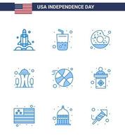 Happy Independence Day 4th July Set of 9 Blues American Pictograph of basketball needle cola landmark food Editable USA Day Vector Design Elements