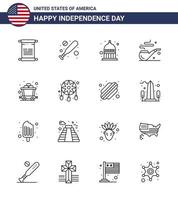 Pack of 16 creative USA Independence Day related Lines of adornment mine indianapolis cart smoke Editable USA Day Vector Design Elements