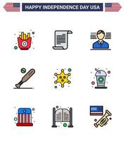 conjunto de 9 iconos del día de los ee.uu. símbolos americanos signos del día de la independencia para militares ee.uu. hombre deportes béisbol elementos editables del diseño del vector del día de los ee.uu.