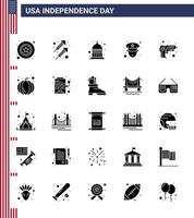 Happy Independence Day Pack of 25 Solid Glyph Signs and Symbols for army gun indiana police man Editable USA Day Vector Design Elements