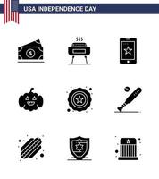 conjunto de 9 glifos sólidos vectoriales el 4 de julio, día de la independencia de estados unidos, como el móvil de la policía de estados unidos, calabaza de estados unidos, elementos de diseño vectorial editables del día de estados unidos vector