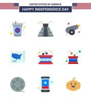 Group of 9 Flats Set for Independence day of United States of America such as sticks drum canon usa states Editable USA Day Vector Design Elements