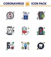 iconos de conciencia de coronavirus 9 línea rellena icono de color plano virus de la corona relacionado con la gripe, como ataúd médico en línea atención médica cráneo coronavirus viral 2019nov enfermedad vector elementos de diseño