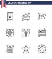 feliz día de la independencia paquete de iconos de 9 líneas para web e impresión estados de alimentos de salchicha escala justicia elementos de diseño de vector de día de estados unidos editables