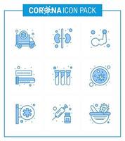 icono de consejos de precaución de coronavirus para la presentación de pautas de atención médica 9 paquete de iconos azules, como el brazo del virus de laboratorio, el tubo de ensayo, el coronavirus viral de sangre 2019nov, los elementos de diseño del vector de enfermedad